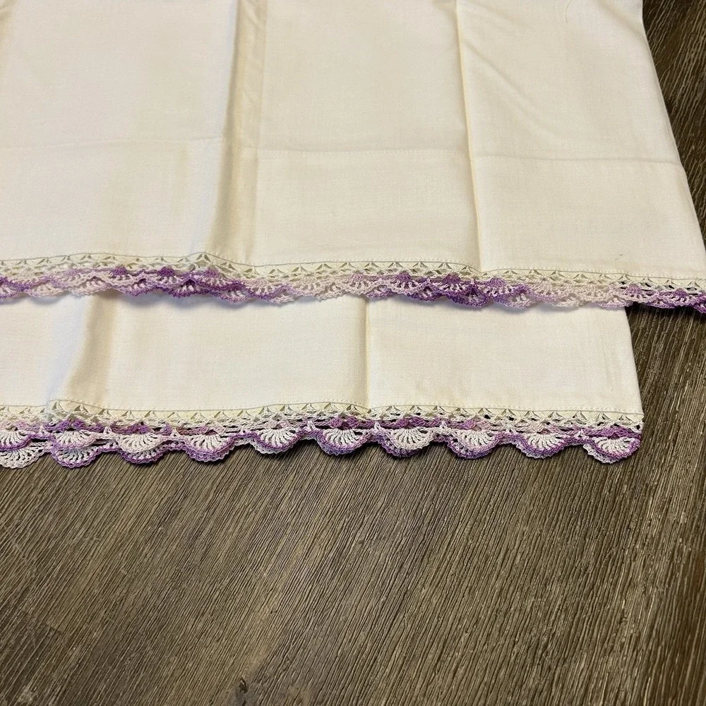 Vtg Stevens Mohawk Cotton Linens 4pc Hand Crochet Purple Floral Pillowcase Shams